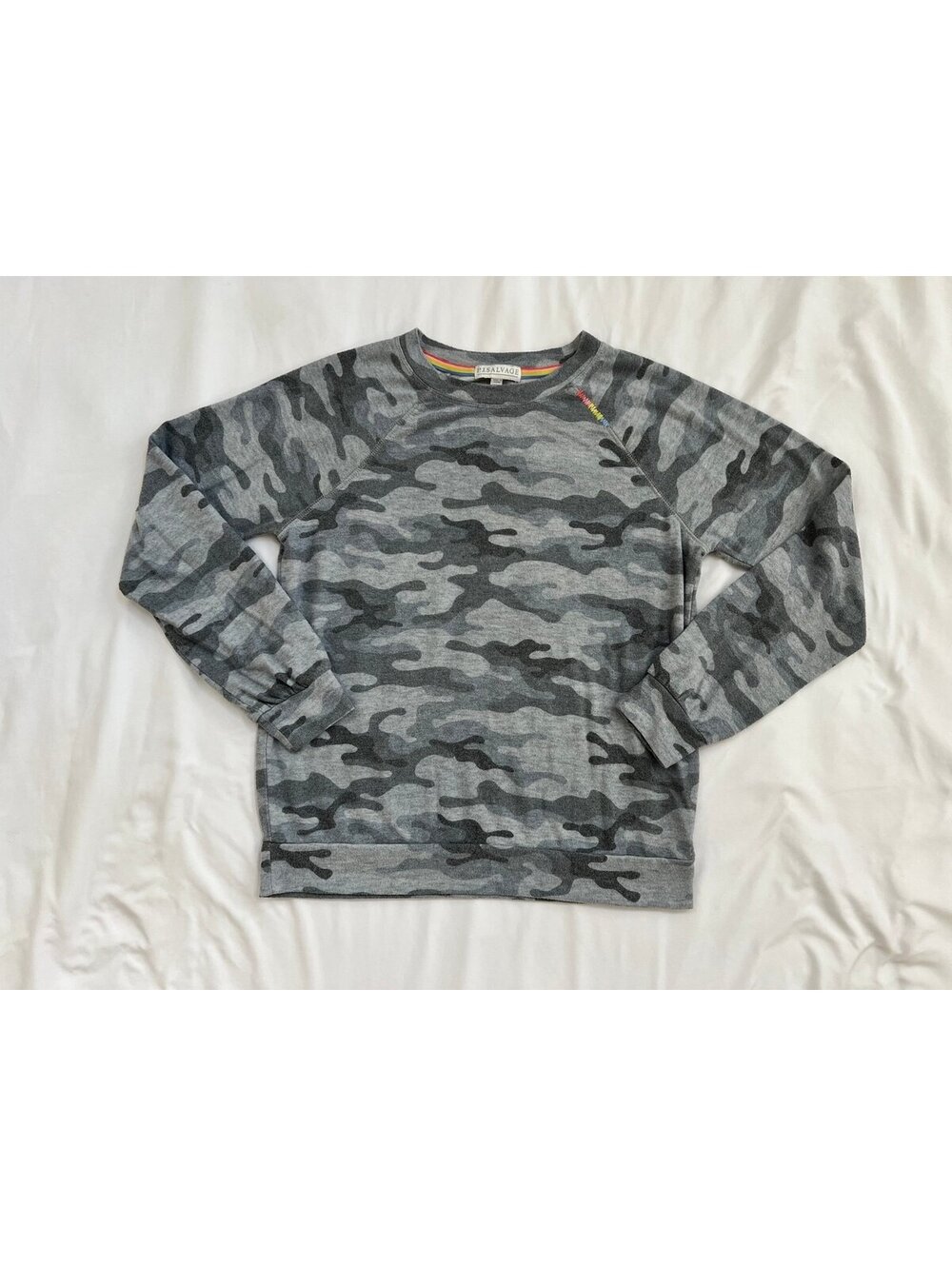 P.J. Salvage womens size small grey camo cool long sleeve soft terry sweatshirt